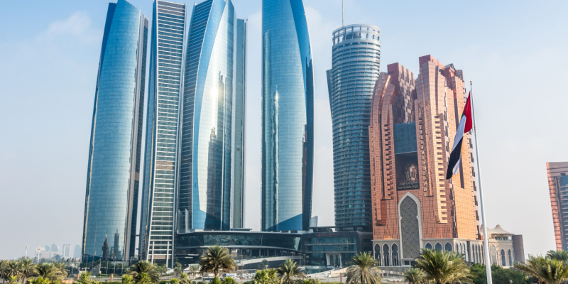 Buildings in Abu Dhabi, the capital city of the United Arab Emirates.