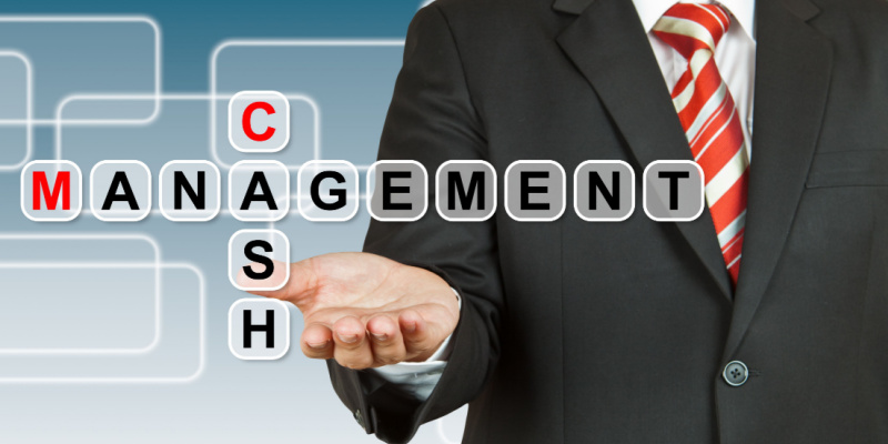 A businessman with Cash Management wording illustrates CFO’s Guide to Cash Management.