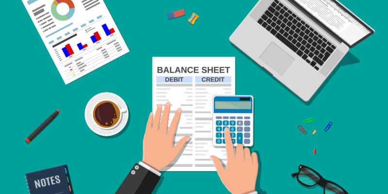 A vector image of a financial consultant with a balance sheet and a calculator checking money balance illustrates accounting & bookkeeping in UAE.